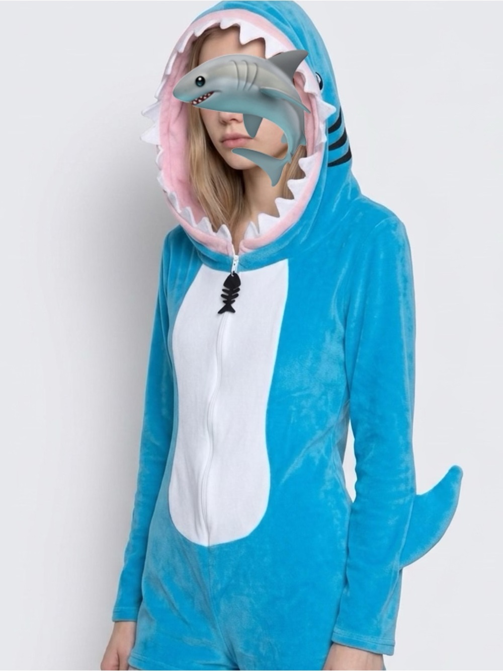 Fashion Nova Blue & White Shark Onesie with Pink Hood Lining